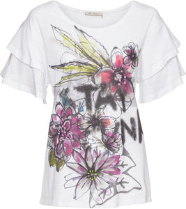 Rundhals-Shirt mit doppeltem Ärmelvolant und Flower-Print